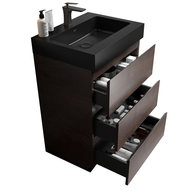 Meuble-lavabo moderne - noyer 24 po, tiroir de rangement Max, Noir, 24"