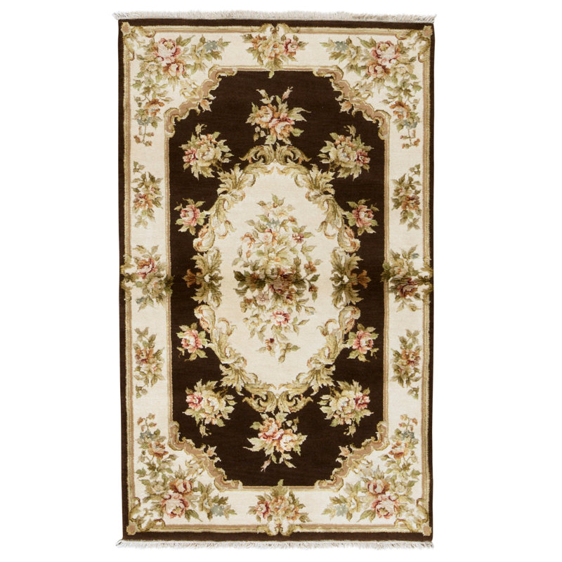 Tapis brun et crème noué à la main de haute qualité
