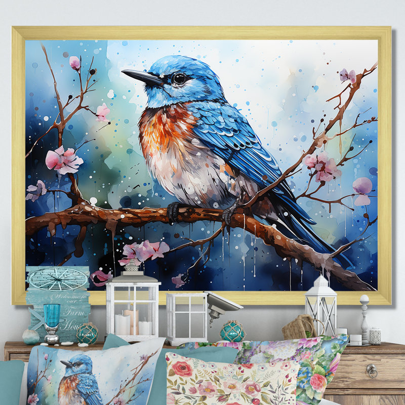 Oiseau aquarelle auras sur toile, Cadre doré simple, H 24 po x l 32 po x P 1 po