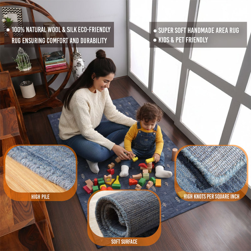 Hand Knotted Loom Wool Eco-Friendly Area Rugs - 3' x 5', Rectangle | Blue Color | Contemporary, High Pile Thick Handmade Anti Skid Area Rugs for Living Room, Bed Room