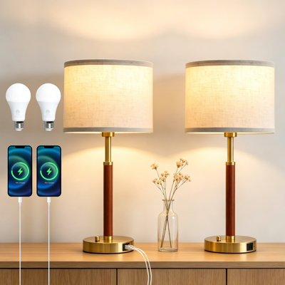 2‑Pack Walnut Solid Wood 3-Way Table Lamp With Linen Shade,3 Color Temperature,Built‑In AC Outlet, USB‑A&C Charging Ports