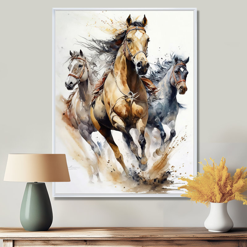 Troupeau de chevaux II, H 32 po x l 16 po, Cadre flottant blanc