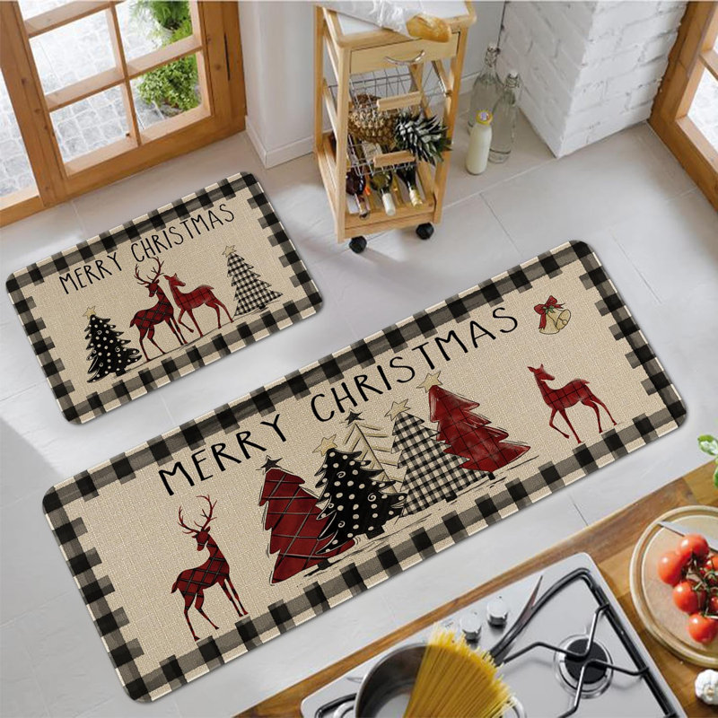 Christmas Beige and Black Linen Non-slip Kitchen Rug Set