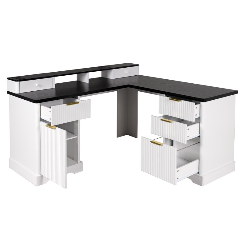 Bureau en L 59 po cannelé avec station de charge et armoire de rangement 59 po Modern, Non disponible / blanc