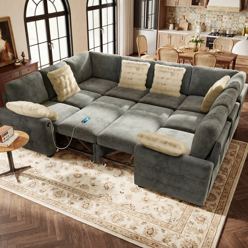 Canapé-lit modulaire en U en chenille de 110 po avec lit escamotable et siège de rangement Macleod, GREY