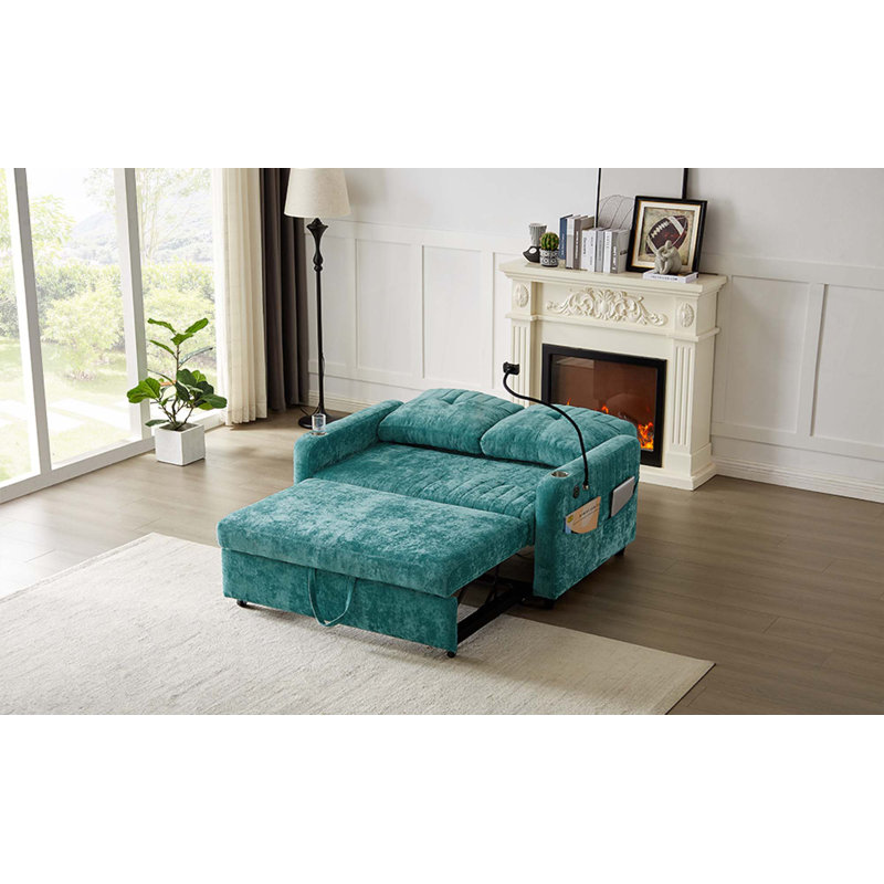 Canapé-lit de 53,9 po avec causeuse moderne avec dossier réglable, deux porte-gobelets, un porte-téléphone, trois ports de chargement et des poches de rangement latérales pour le salon