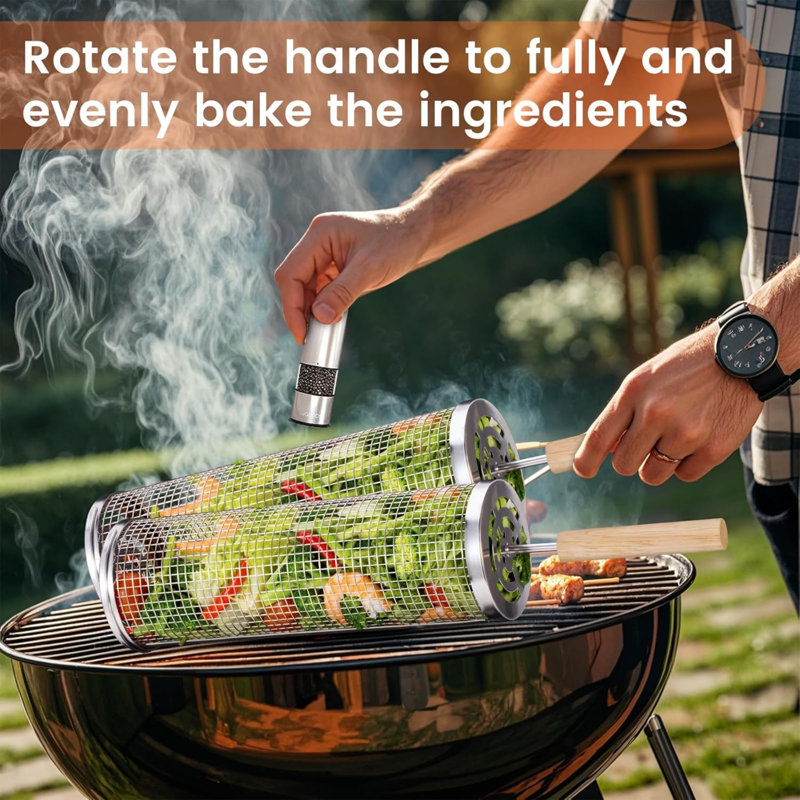 Paniers de gril gigognes (2 PCS), acier inoxydable 304 avec poignée en bois amovible, filet de grillage roulant, outils pour barbecue pour crevettes, camping en plein air, cadeaux pour papa et mari