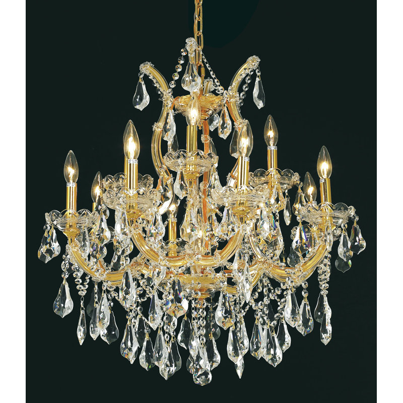 Lustre à niveaux 13 lumières style bougie Stockard, Or / cristal (transparent) / coupe royale