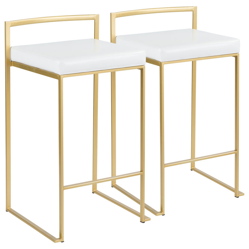 Tabouret de bar et de comptoir Ernestine, Simili cuir blanc, Doré, Tabouret de comptoir (siège d'une hauteur de 27 p