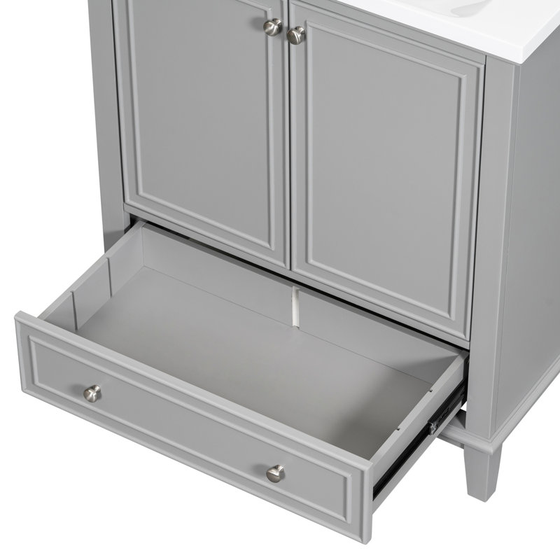 Base de meuble-lavabo 30 po en gris, bois massif et planche, multifonctionnelle avec porte et tablette réglable, tiroir, base d'armoire grise à assembler, style moderne, multifonctionnelle,