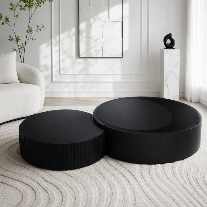 Ensemble de 2 tables basses gigognes à rayures ondulées, L 23,62 po, Noir