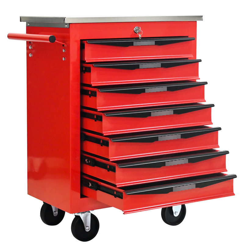 Rouge et noir, 7 tiroirs, chariot à outils à roulettes, roues, toit en acier inoxydable, garage, entrepôt, mécanisme de verrouillage universel, poignée à tirer d'un côté, glissières de tiroir à roulement multifonctionnelles, tiroir, réparation