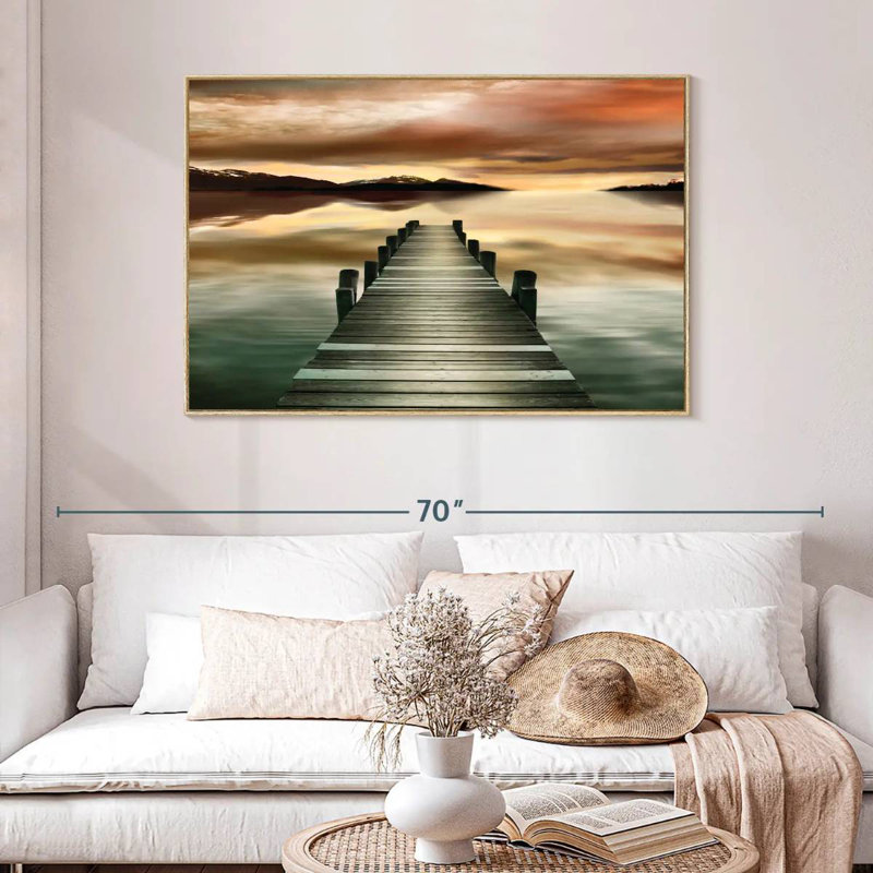 Jetée au coucher du soleil, Cadre flottant en bois naturel, 46 po x 31 po