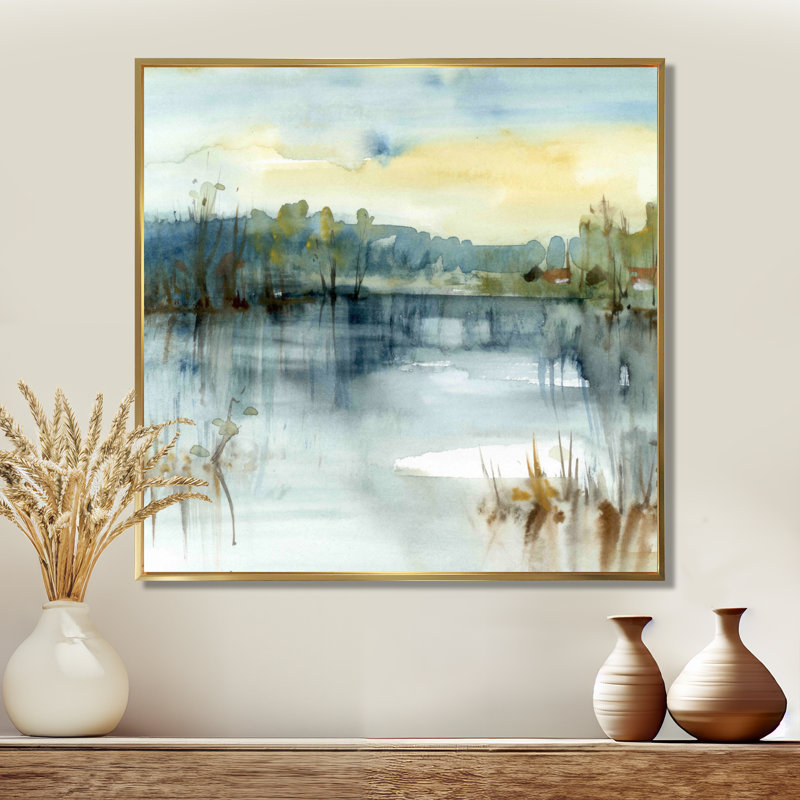 " Summer Lake Landscape Illustration ", 30" H x 30" W, Floater Framed, Gold