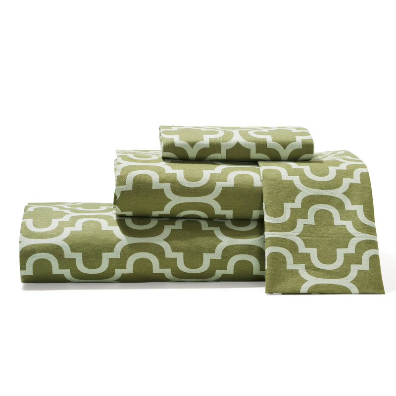 Blue Nile Mills Trellis 100% Cotton Flannel Deep Pocket Sheet Set, King Sheet Set with 2 Pillowcases, Sage