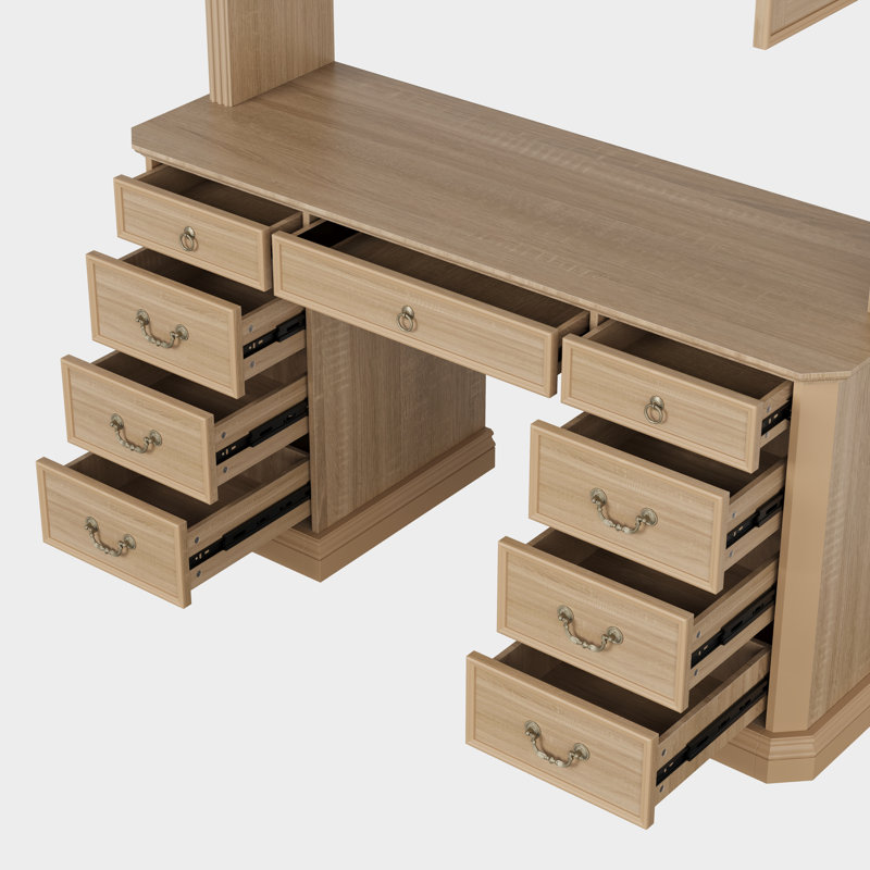 Bureau de direction 59 po avec huche, 9 tiroirs, 2 armoires de rangement à 2 portes, moulure couronnée, Chêne