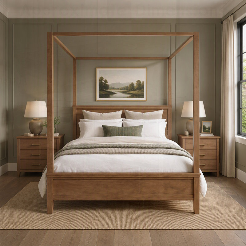 Lit plateforme à baldaquin en bois de style moderne du milieu du siècle avec tête de lit, lit à baldaquin rustique de style ferme avec pieds fuselés
