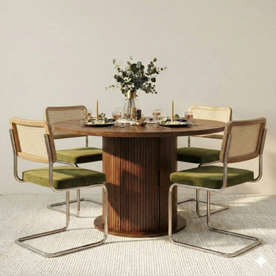 5-piece Round Pedestal Dining Set With Cane Back Cantilever Chairs