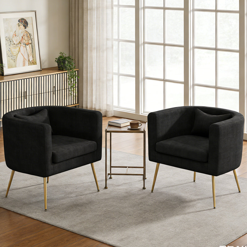 Upholstered Velvet Barrel Chair with Metal Legs, Black