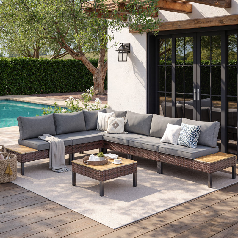 L-Shaped Rattan Outdoor Patio Sofa Set, 6, Gray