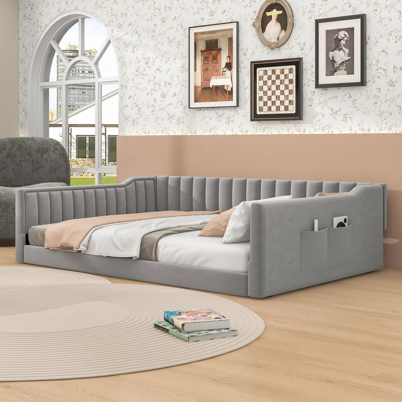 Wood Daybed with Slats and Storage Pocket, Full xL, Gray