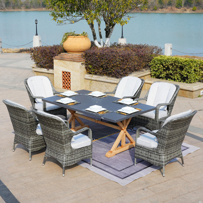 6 - Person Wicker Patio Dining Set with Rectangular Table , Cushions Included