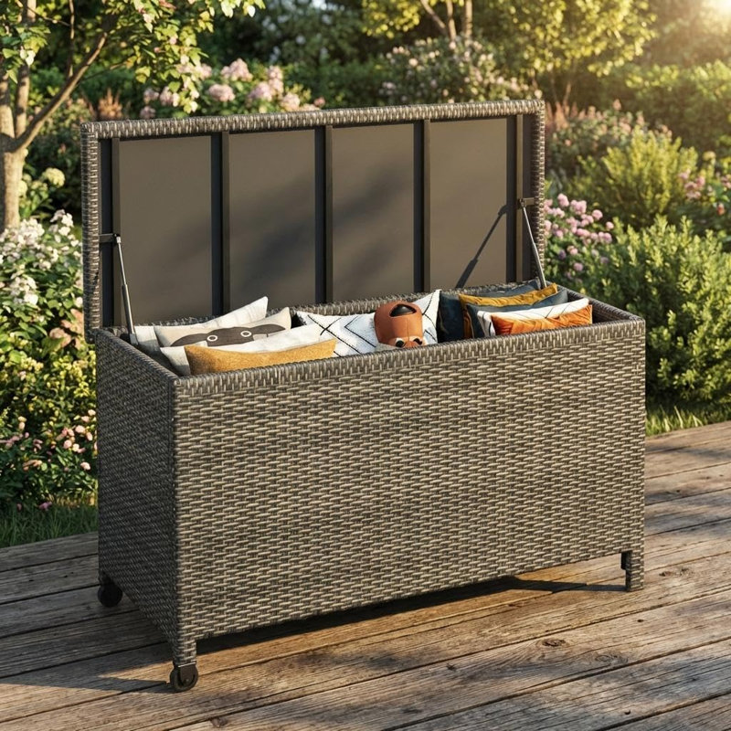 Outdoor Wicker Storage Box, PE Rattan Patio Storage Chest with Steel Frame, Weather-Resistant Deck Storage Box for Cushions, Garden Tools & Pool Accessories