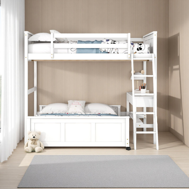 Lit superposé avec bureau, Lit superposé double sur double, Blanc