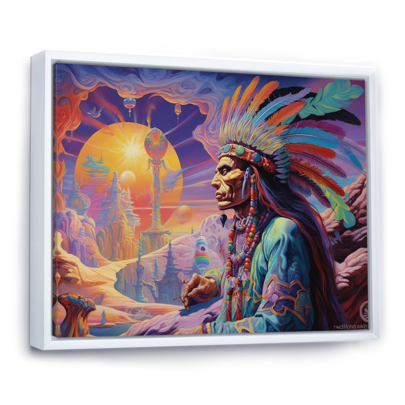 Chaman natif, sagesse antique - reproduction sur toile, H 34 po x l 44 po, Cadre flottant blanc