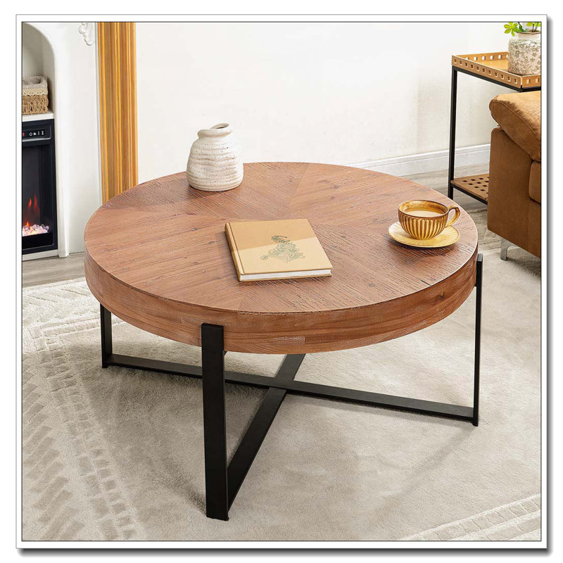 Table basse ronde, plateau en bois de sapin avec pieds en croix dorés, H 17,72 po x L 33,86 po x l 33,86 po, Noir