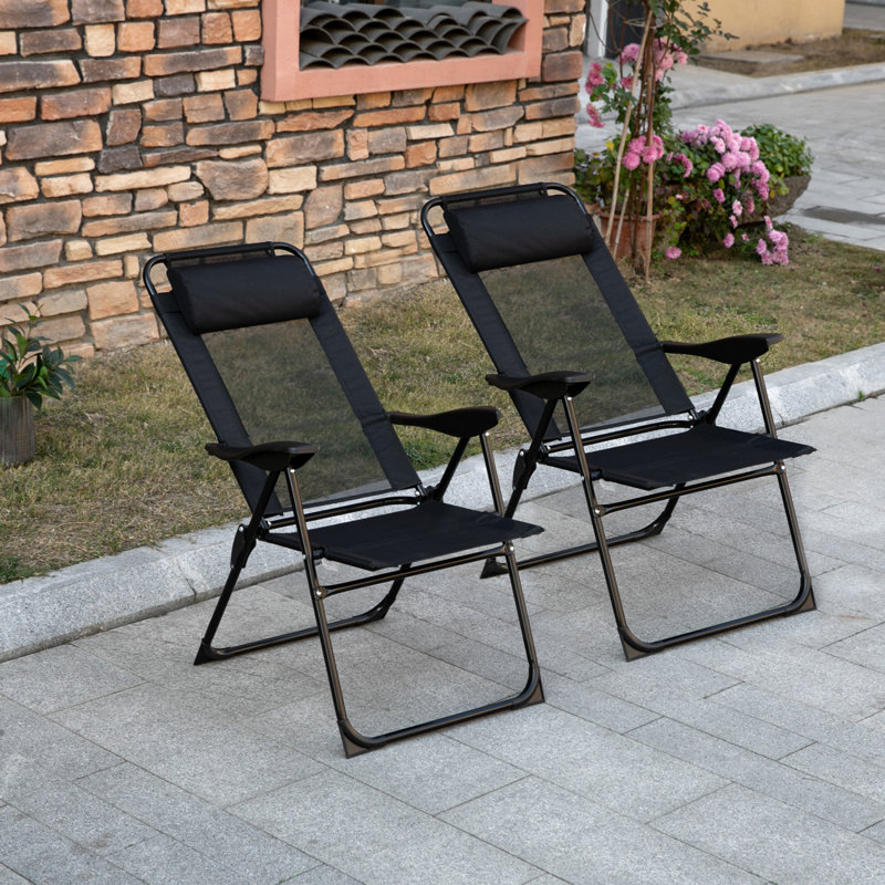 Outsunny Folding Patio Chairs Set Of 2, Outdoor Deck Chair With Adjustable Sling Back, Camping Chair With Removable Headrest For Garden, Backyard, Lawn