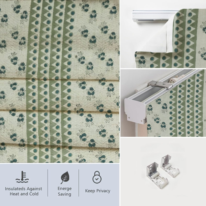 Fabdivine Handmade 100% Blackout Pure Linen Roman Shade, Green or Brown Block Print Floral Blinds for Windows, Ideal for French Doors, Living or Bedrooms, Hall, Linen Fabric, Mountain Moon