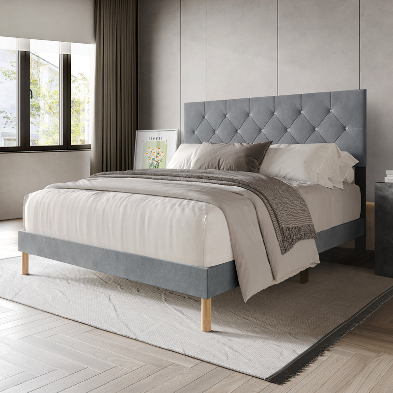 Velvet Upholstered Bed, Light Gray, Queen