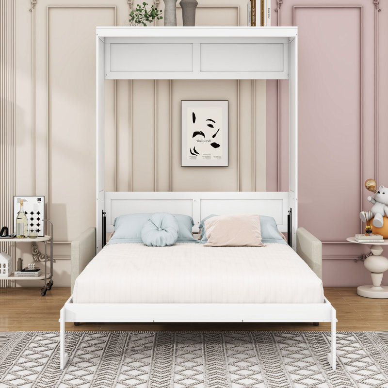 Shinpei Murphy Bed Wall Bed with Cushion, White, Full
