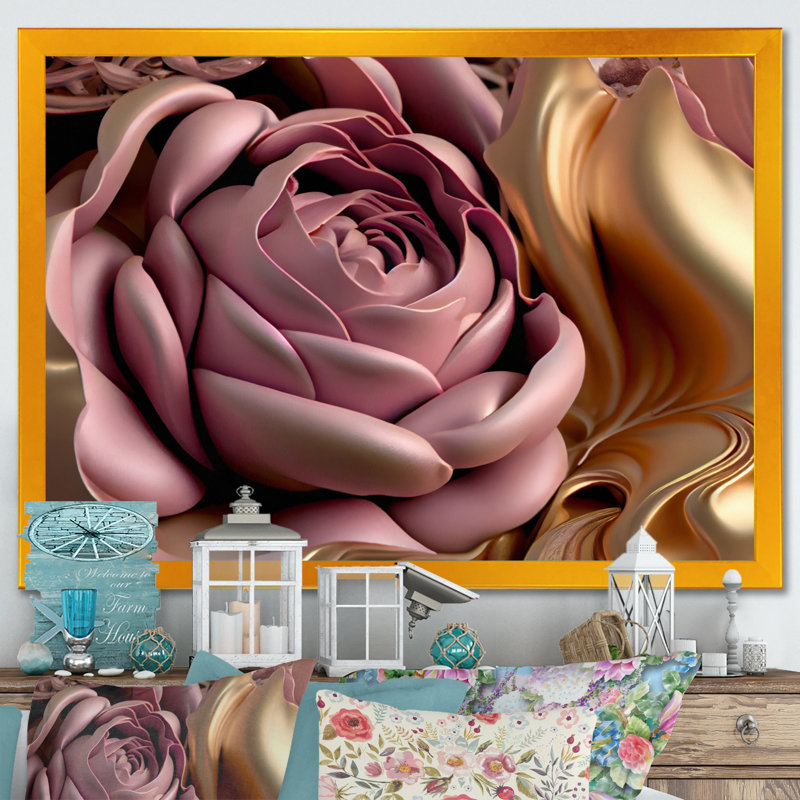 Art floral rose et rose II, H 34 po x l 44 po, Cadre photo unique, Doré