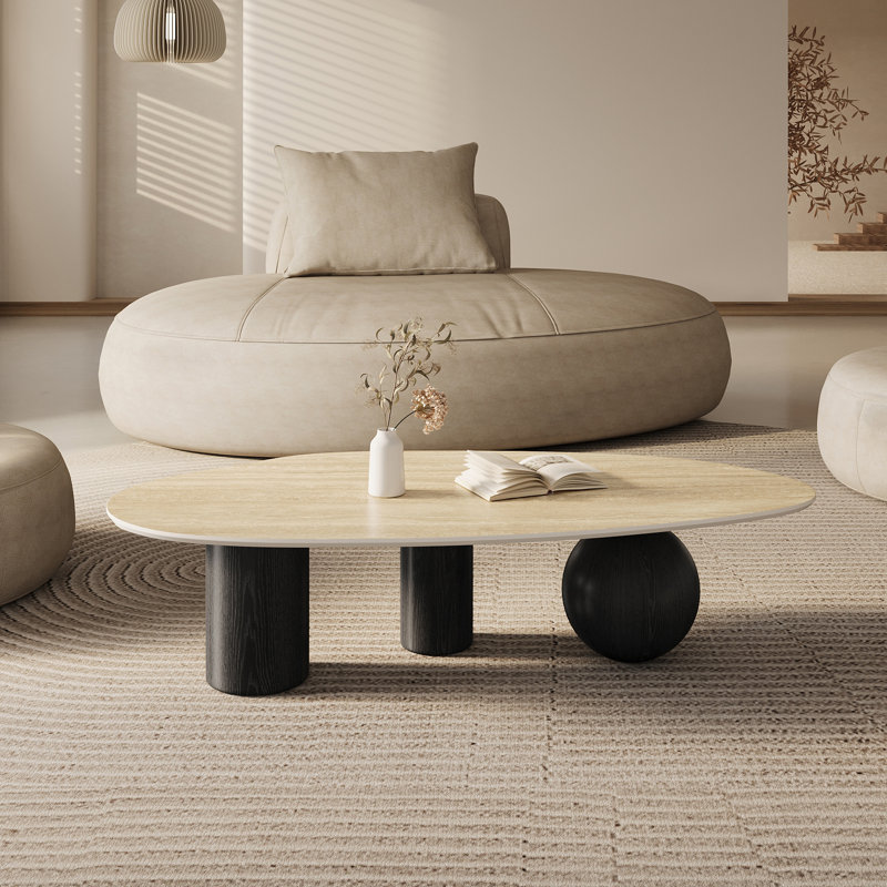 Laylla Modern 54" Coffee Table, White Sintered Stone Table-top, 3 Stainless Steel legs, Free form, Beige/Black