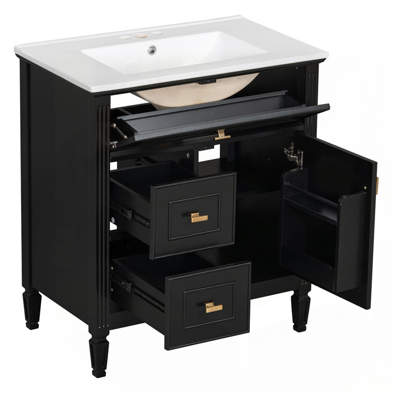 Meuble-lavabo polyvalent avec plusieurs tiroirs et tablettes, Noir
