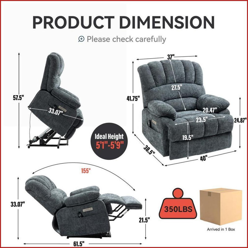 Fauteuil inclinable électrique surdimensionné inclinable avec massage et amp; Chaleur lombaire | Chenille bleu-gris