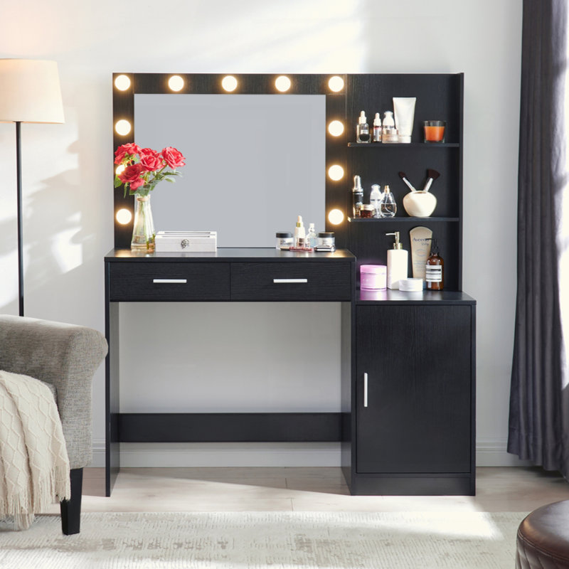 Bureau de coiffeuse avec miroir et lumières, coiffeuse 46,4 po avec 2 grands tiroirs et grand organisateur vertical, commode à 3 niveaux et 3 modes d'éclairage à luminosité réglable, convient à la chambre à coucher