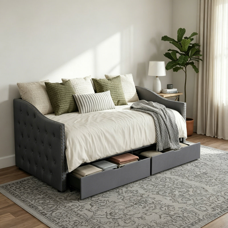 Lit de jour simple en velours avec tiroirs de rangement et station de charge Modern, Gris