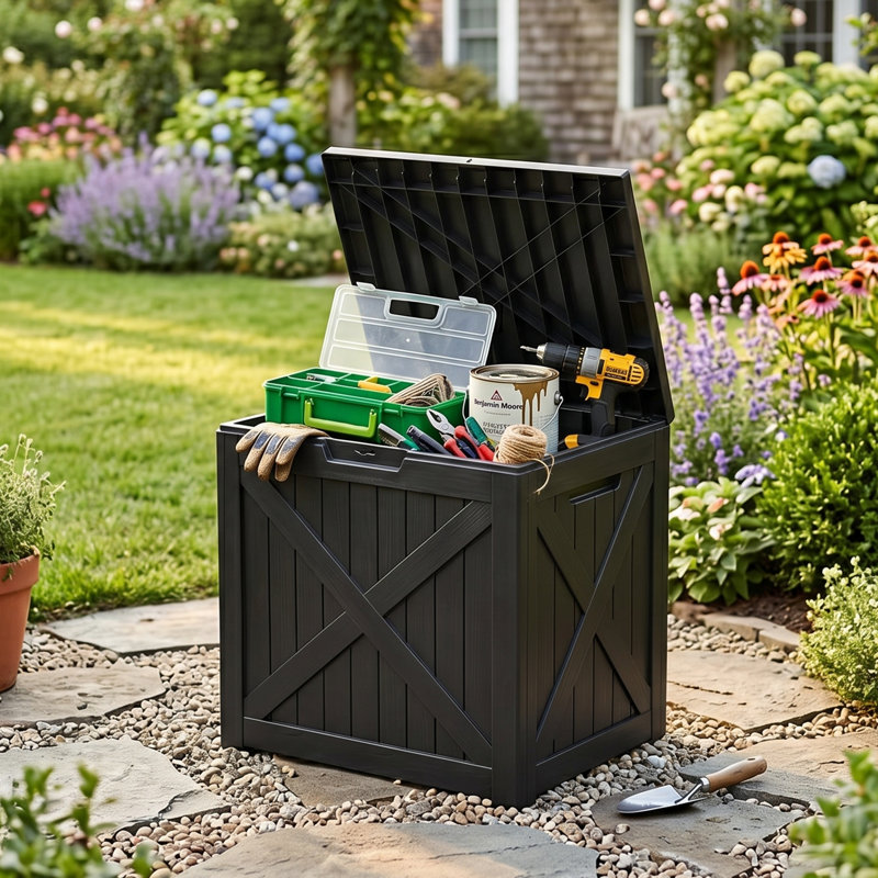 Boîte de rangement pour terrasse 35 po, 35 Gallons Black Resin Patio Storage Box