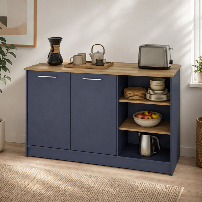 Îlot de cuisine Ginger avec table de préparation spacieuse, 3 tablettes ouvertes et 2 armoires à portes