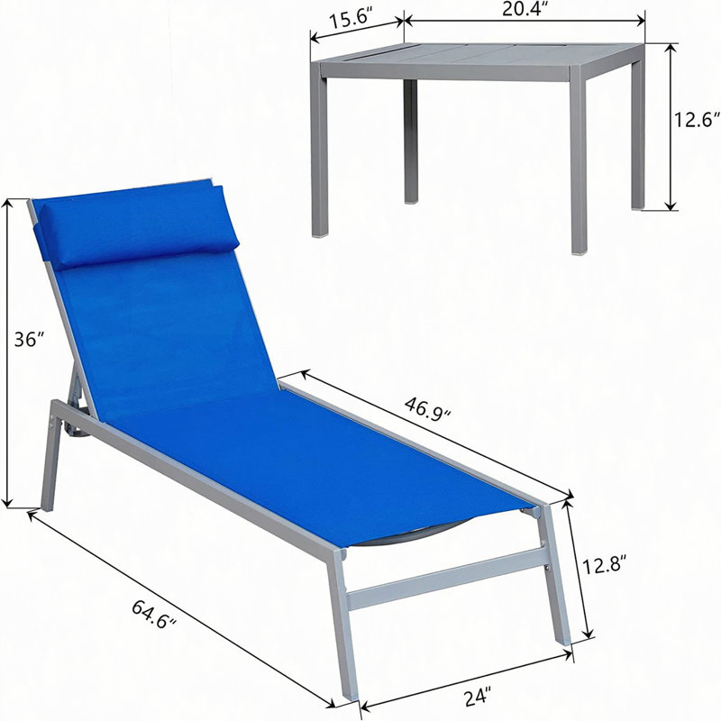 Ensemble de chaises longues de patio, 3 pièces de chaises de piscine à dossier réglable en acier textilène avec repose-tête (2 chaises longues et 1 table)