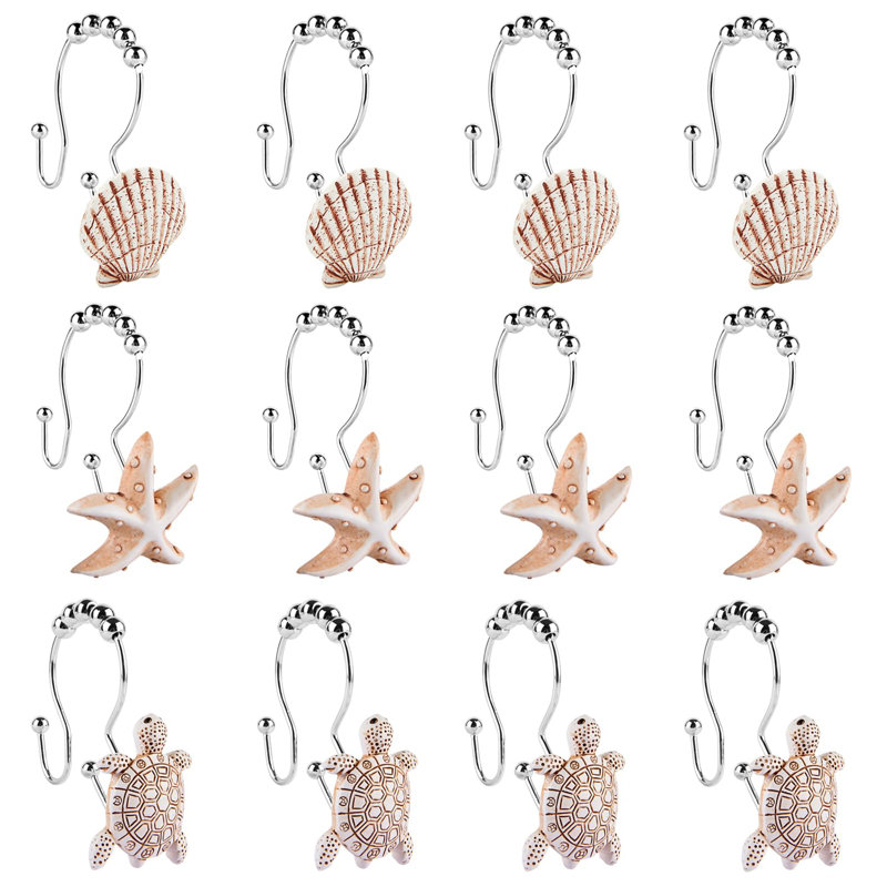 Paquet de 12 crochets de rideau de douche Beach Seashell, crochets décoratifs double couche avec thème océan, capacité de 45 lb pour le décor de la salle de bain