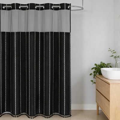Farmhouse Shower Curtain With Snap-In Liner And Window, No Hooks Needed With Tassels For Rustic Bathroom Decor, Wrinkle-Free Cotton Linen Fabric