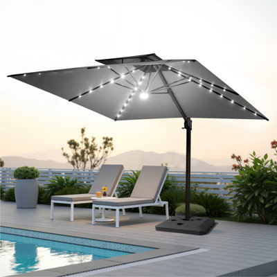 Parasol extérieur carré en porte-à-faux à DEL 128 po x 128 po, poids de comptoir inclus