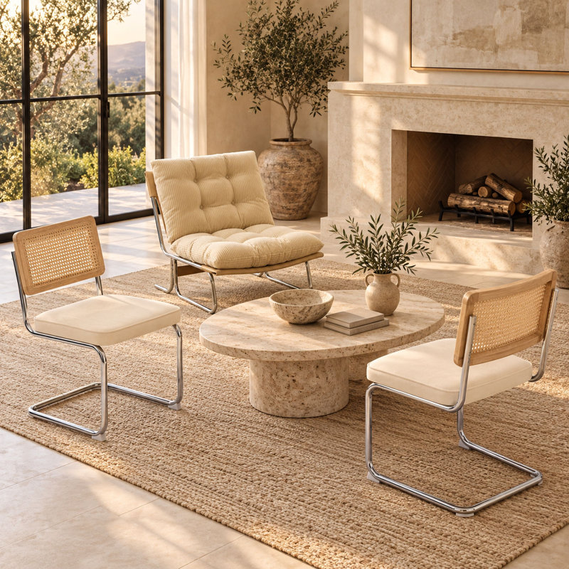 Ensemble de 3 pièces comprenant un fauteuil lounge capitonné et des chaises à dossier en rotin