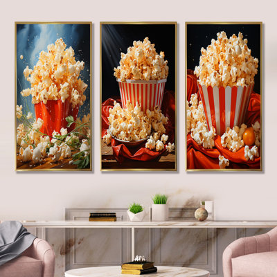 Carnival Kernels Bright Pop Corn Fiesta I - Popcorn Canvas Art Print Set Of 3