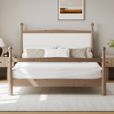 Grand lit de style Mid-Century moderne - plateforme en bois de pin massif avec tête de lit tapissier Boucle, aucun sommier tapissier nécessaire, finition bois naturel