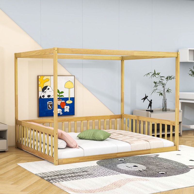 Luxurious Wooden Canopy Floor Bed With Guardrails, Natural, Full